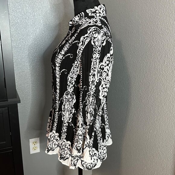 Blouse Womens Large Baroque Black White Pleated Bell Sleeve Button Up Retro Chic - Picture 4 of 8